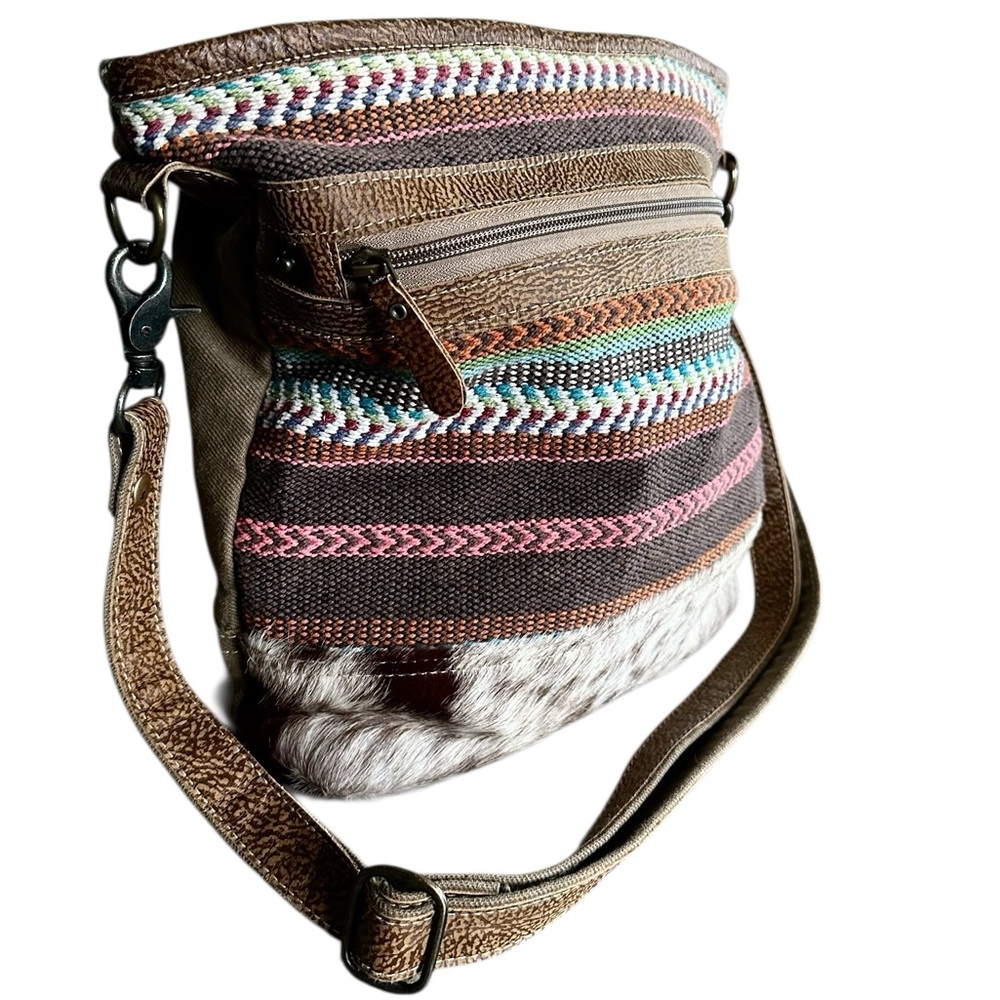 Myra Bag Multicolor Crossbody Purse Tweed Leather Cowhide Boho Style Canvas Back - Picture 3 of 16